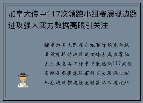 加拿大传中117次领跑小组赛展现边路进攻强大实力数据亮眼引关注